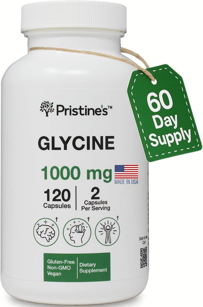 PRISTINE'S Glycine 1000MGEnergy Acid Sleep Support Capsules - 60 Day Supply - Muscle Recovery, Collagen & Kidney Support Supplement - Vegan, Non GMO, Gluten Free