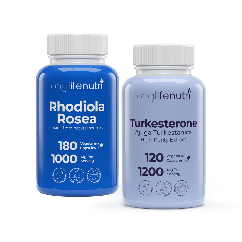 LongLifeNutri Rhodiola Rosea 500 mg & Turkesterone 1200 mg Bundle – 180 & 120 Veg Capsules, 3 & 2 Month Supply, Mental Clarity, Strength & Recovery Support, Non-GMO, Made in USA