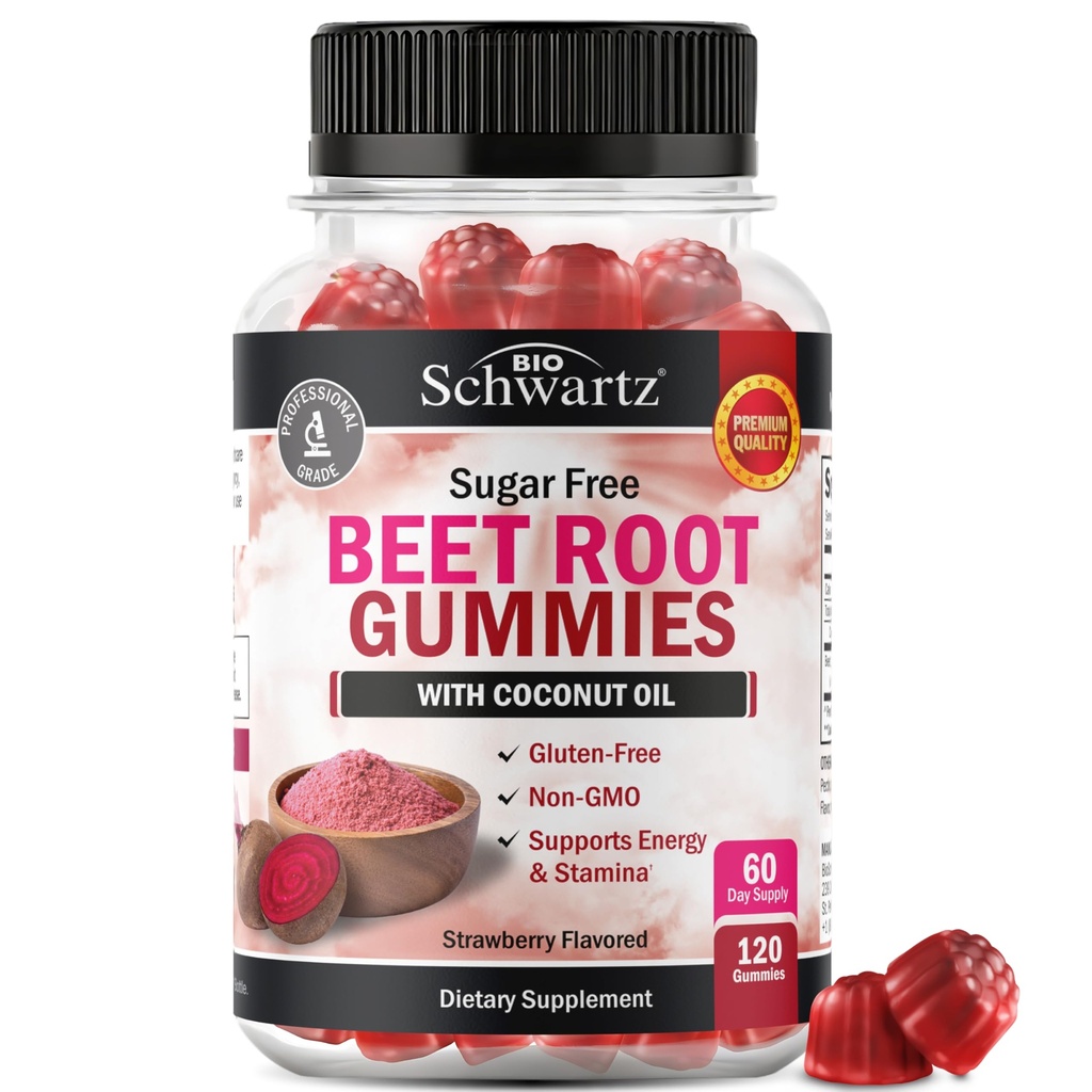 Sugar Free Beet Root Gummies - Nitrik Oksit Gummies Enestorpsiyonlar için Piramit Yağı ile Infüzyon - Enerji ve Tüm Vücut Sağlığı - Delicious Strawberry Flavor - 120 Count (60 Day Supply)