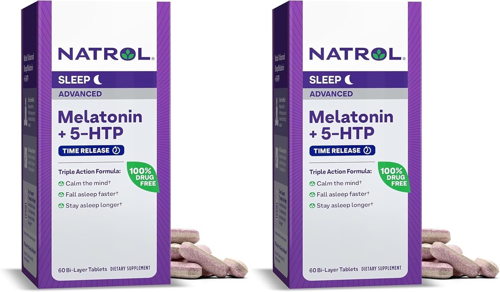 Natrol Advanced Sleep Melatonin + 5HTP, Diyetsel Supplement for Restful Sleep, 60 Time-Release Tabletleri, 60 Day Supply- Pack of 2