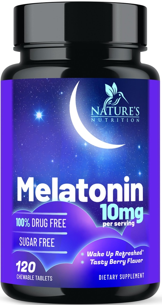 Melatonin Sleep Supplement 10mg - Maximum Strength 100% Drug Free, Non-Habit Forming - Best Sleep Supplements for Adults Restful Sleep - Fast Dissolve Melatonin, Berry Flavored - 120 Chewable Tablets