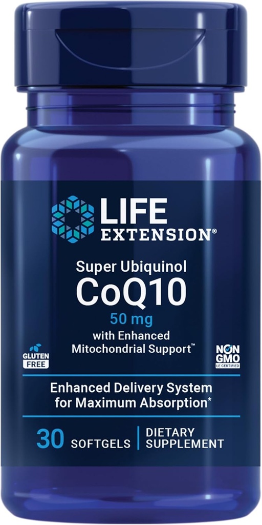 Επέκταση ζωής Super Ubiquinol CoQ10 με ενισχυμένη μιτοχονδριακή υποστήριξη, συμπλήρωμα υγείας καρδιάς, μέγιστη απορρόφηση, 50 mg, μη ΓΤΟ, χωρίς γλουτένη, 30 softgels