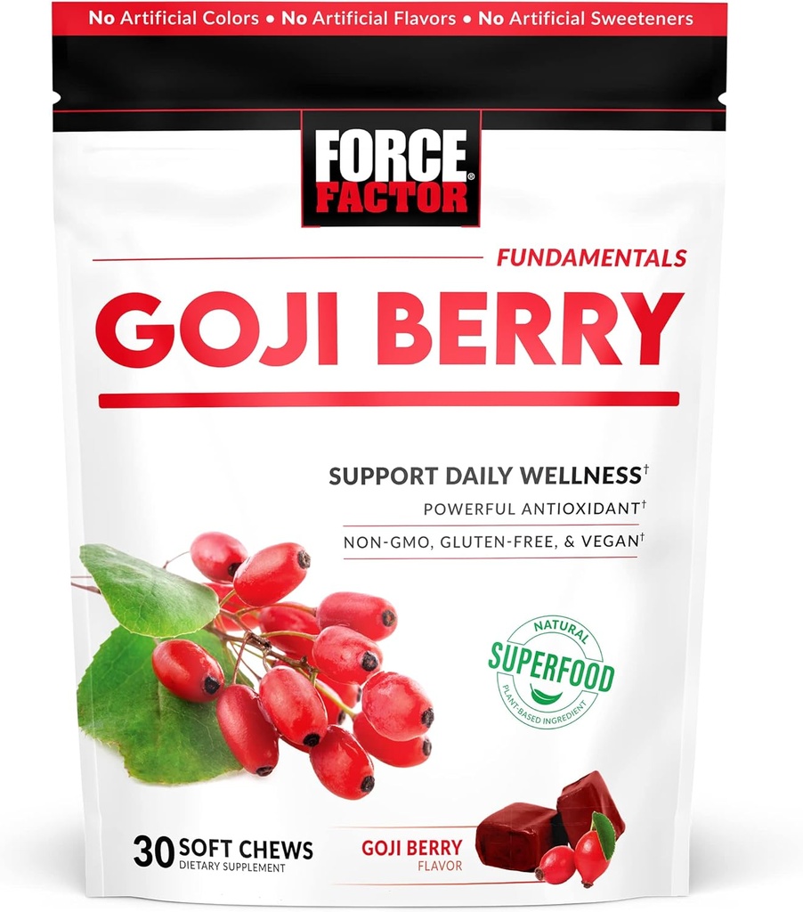 FORCE FACTOR Goji Berry Soft Chews Superfood Αντιοξειδωτικά συμπλήρωμα για την υποστήριξη υγιή μάτια και το δέρμα, ανοσοποιητική υγεία, και φλεγμονή, μη GMO, χωρίς γλουτένη, & Vegan, Goji Berry Flavor, 30 μαλακά μάσημα