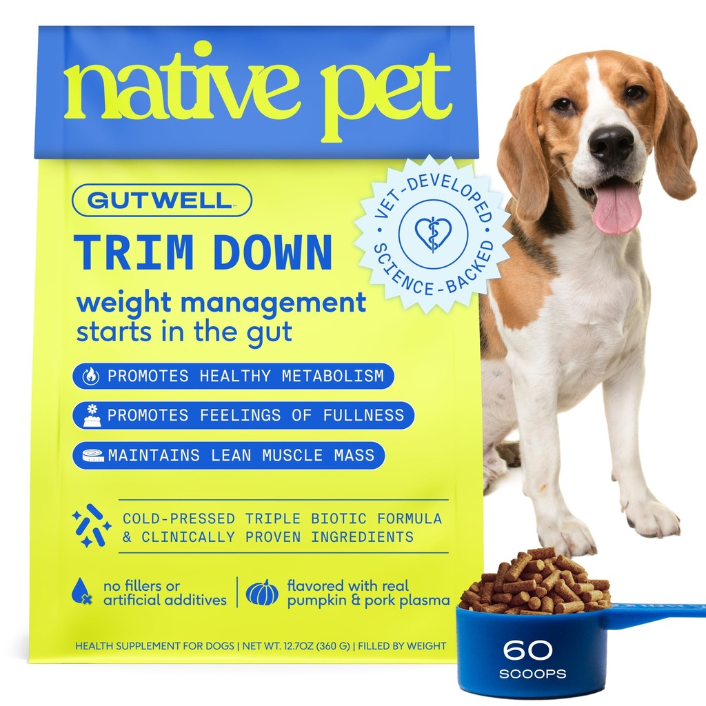 Native Pet GutWell Trim Down - Weight Management Dog Food Topper & Weight Loss Supplement Promotes Feelings of Fullness, Healthy Metabolism & Lean Muscles with Triple-Biotic & L-Carnitine - 60 Scoops