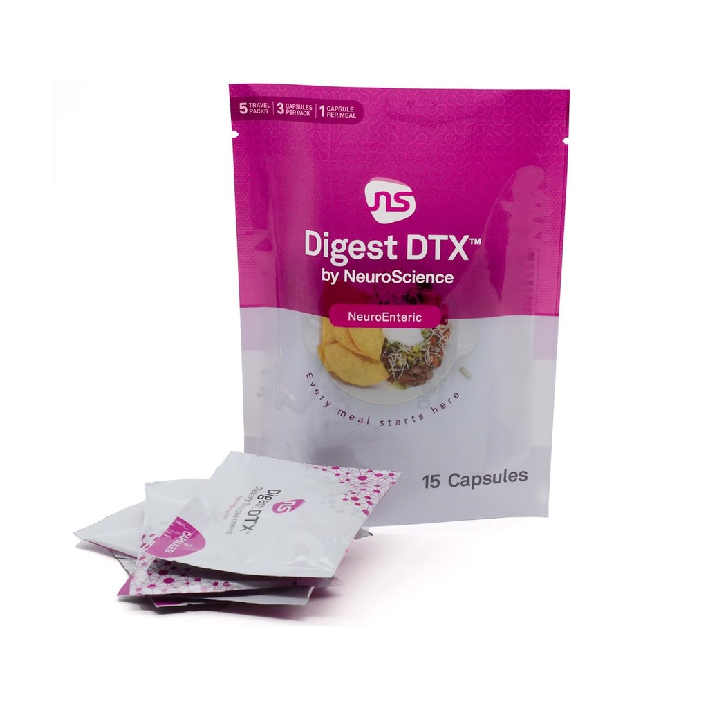 NeuroScience Digest DTX Travel Packs - Digestive Enzymes for Men & Women + Apple Cider Vegar & Zinc Carnosine - Promote Healthy Gut Detox, Immune Support & Digestive Health (15 Capsules)
