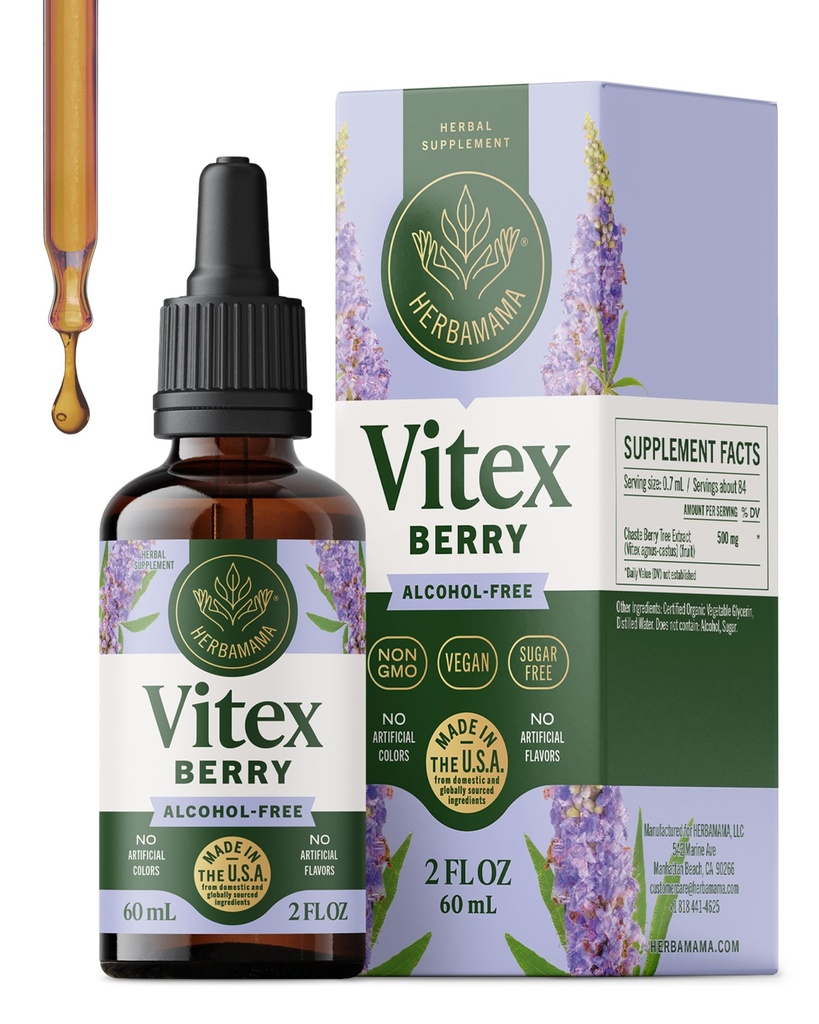 HERBAMAMA Vitex Berry – Hormone Balance for Women, PMS Relief & Cycle Support* – Vitex Chasteberry Supplement for Women – Chaste Tree Berry Drops – Vegan, Non-GMO, 42-Day Supply