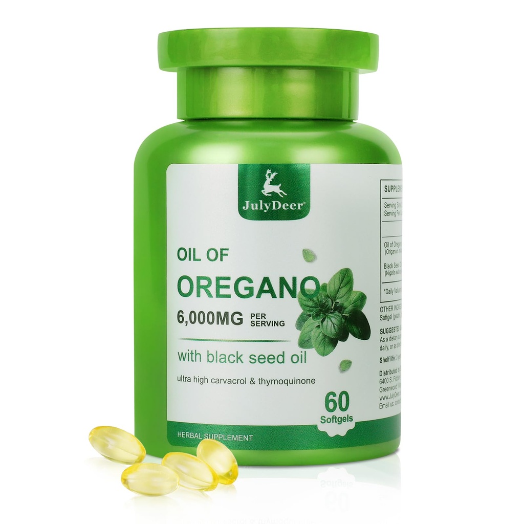 JulyDeer Oil of Oregano with Black Seed Oil, 2 in 1 Oregano Oil Supplement Nature with Live High Concentrated Carvacrol & Thymoquinone for Antioxidant & Immune Support, Non-GMO, 60 Softgels