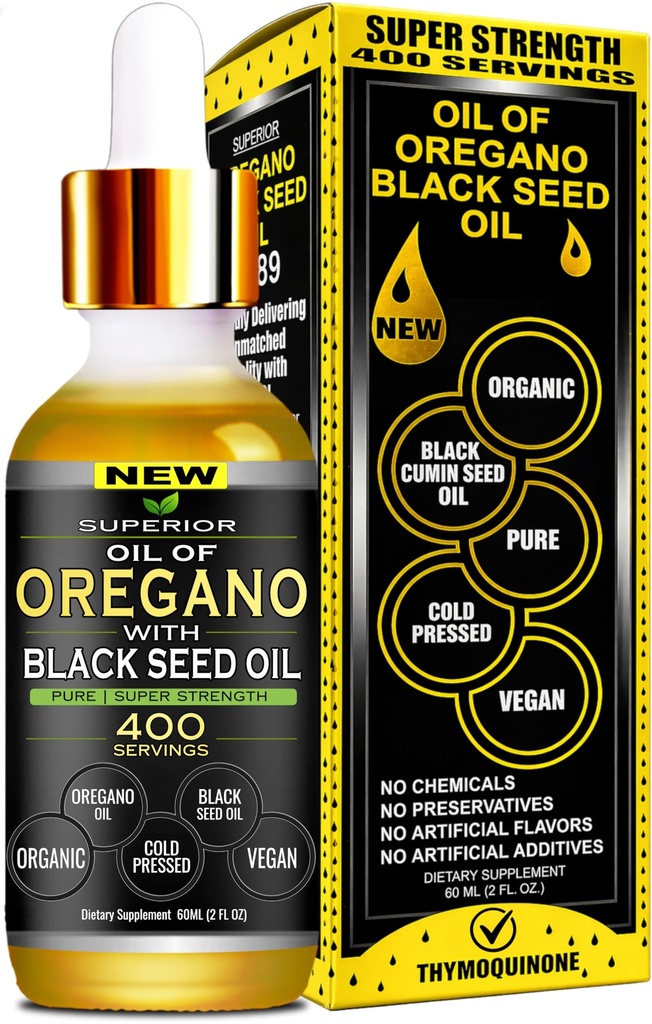 Oil Of Oregano With Black Seed Oil - 400 Servings, 2 in 1 Wild Organic Oregano Oil with Black Seed Oil for Immune & Digestive Support – Non-GMO, Gluten-Free Drops – Herbal Wellness Supplement