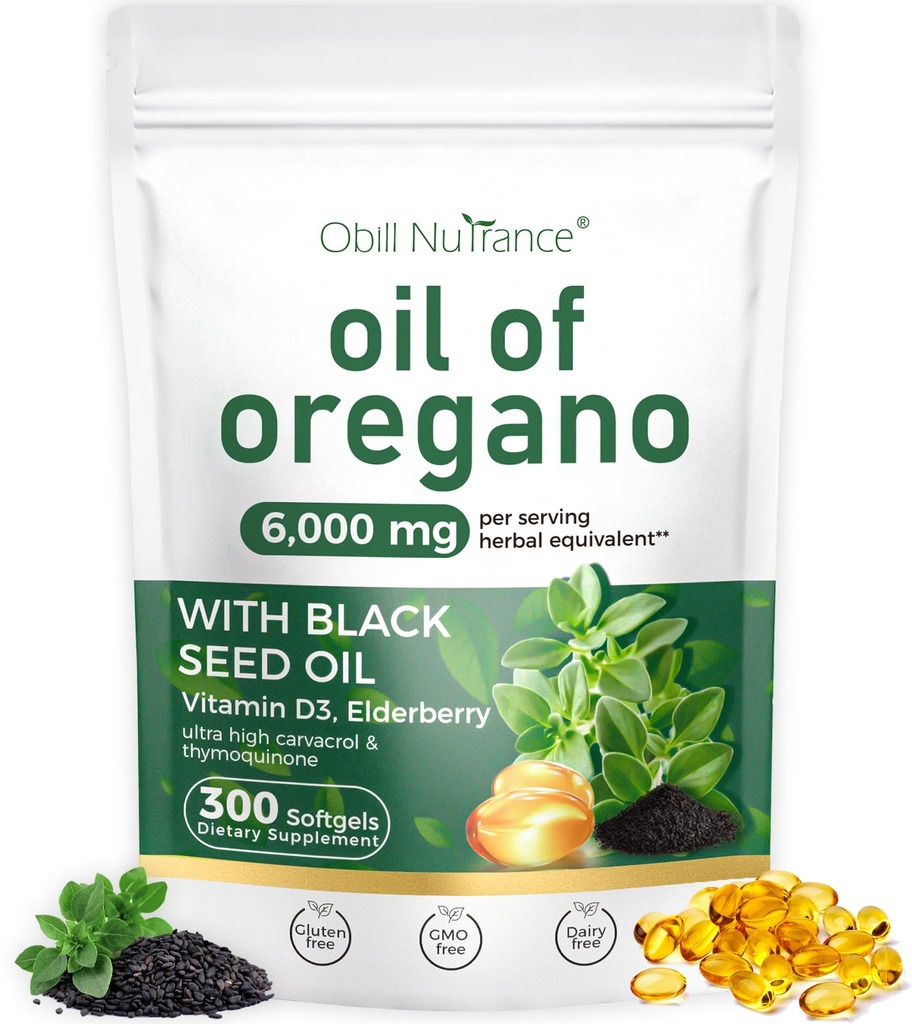 Oil of Oregano Softgels,300 Count, 4-in-1 Oil of Oregano with Black Seed Oil, Vitamin D3 & Elderberry for Immune Health, Oregano Oil Capsules Organic, High Carvacrol & Thymoquinone, Non-GMO