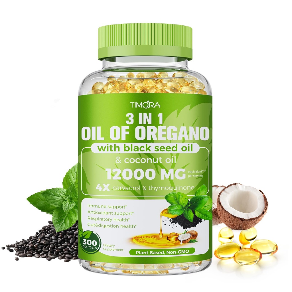 TIMORA 40:1 Oil of Oregano Softgels with Black Seed & Coconut Oil, 300 Count | 3-in-1 Formula for Digestive & Immune Support | Small, Easy-to-Swallow Capsules | Plant-Based, Non-GMO