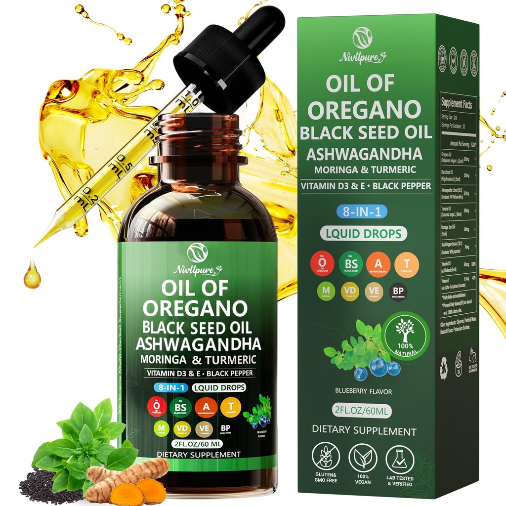 Oil of Oregano with Black Seed Oil | 8 in 1 Organic Oregano Oil Drops with Ashwagandha, Moringa & Turmeric | Natural Herbal Supplements for Immune Support & Stress Relief | Vegan Friendly, 2 Fl Oz
