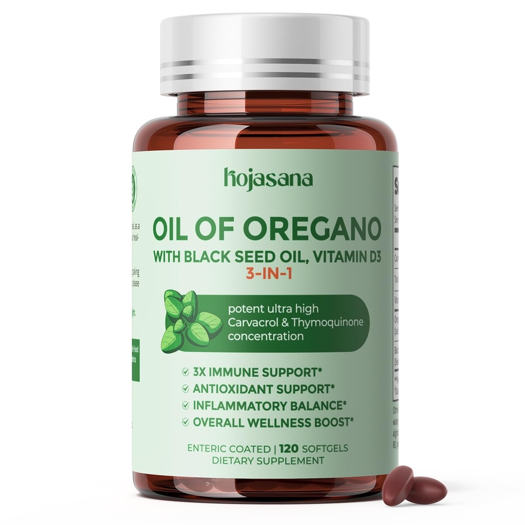 Oregano Oil with Black Seed Oil Vitamin D3, 3-in-1 Enteric Coated Softgels Oregano Herbal Supplement for Immune Support & Overall Welleness, 60-Day Supply