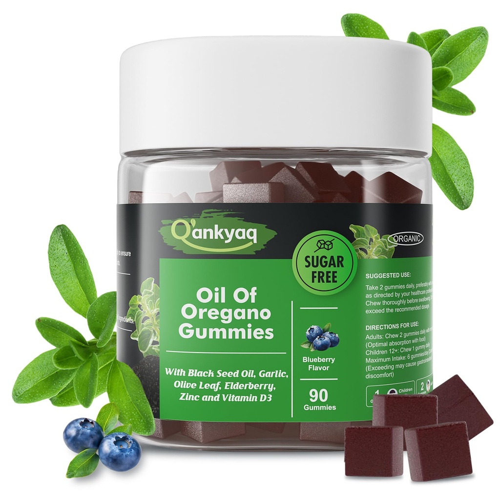 Oregano Oil with Black Seed Oil Organic Gummies for Kids and Adults | 6-in-1 Oregano Oil Supplement | Carvacrol + Thymoquinone | Immune Support with Garlic, Elderberry | Sugar-Free, 90 Chewable