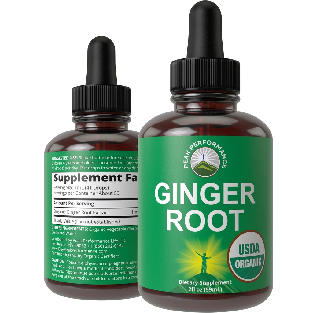 USDA Organic Ginger Root Extract Liquid Drops. Zero Sugar, Non Bitter Vegan Ginger Oil Supplement for Immune, Digestive + Gut Support. High Bioavailability, Gluten Free for Women and Men. Take Orally