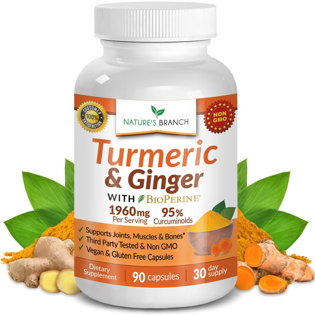 Turmeric and Ginger Supplement - Organic Turmeric & BioPerine - 95% Curcuminoids for Joint Support & Digestion | High Absorption Black Pepper Extract, Vegan, Curcumin Pills, Extra Strength 90 Capsules