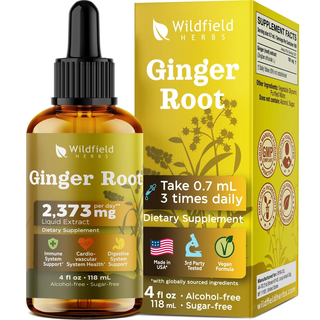 4 Oz Ginger Root Extract Liquid Drops - Stomach & Digestive Support | 2 Month Supply | - Made in USA - Ginger Root Supplement - Alcohol & Sugar Free