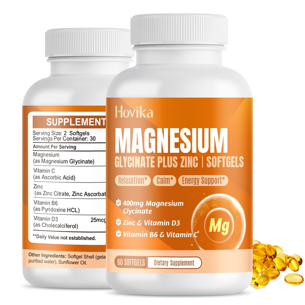Magnezyum Glycinate Supplement Softgels, Magnezyum Glycinate 400 mg ile çinko, B6, C, D3, Pure Magnezyum Uyku, Calm, Kas, Enerji, Kalp Desteği - Kadınlar ve Erkekler için 60 Vegan Capsules
