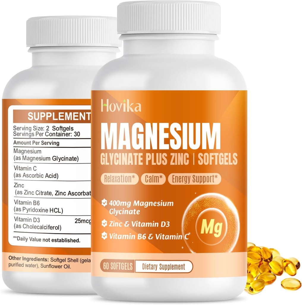 Magnezyum Glycinate Supplement Softgels, Magnezyum Glycinate 400 mg ile çinko, B6, C, D3, Pure Magnezyum Uyku, Calm, Kas, Enerji, Kalp Desteği - Kadınlar ve Erkekler için 60 Vegan Capsules