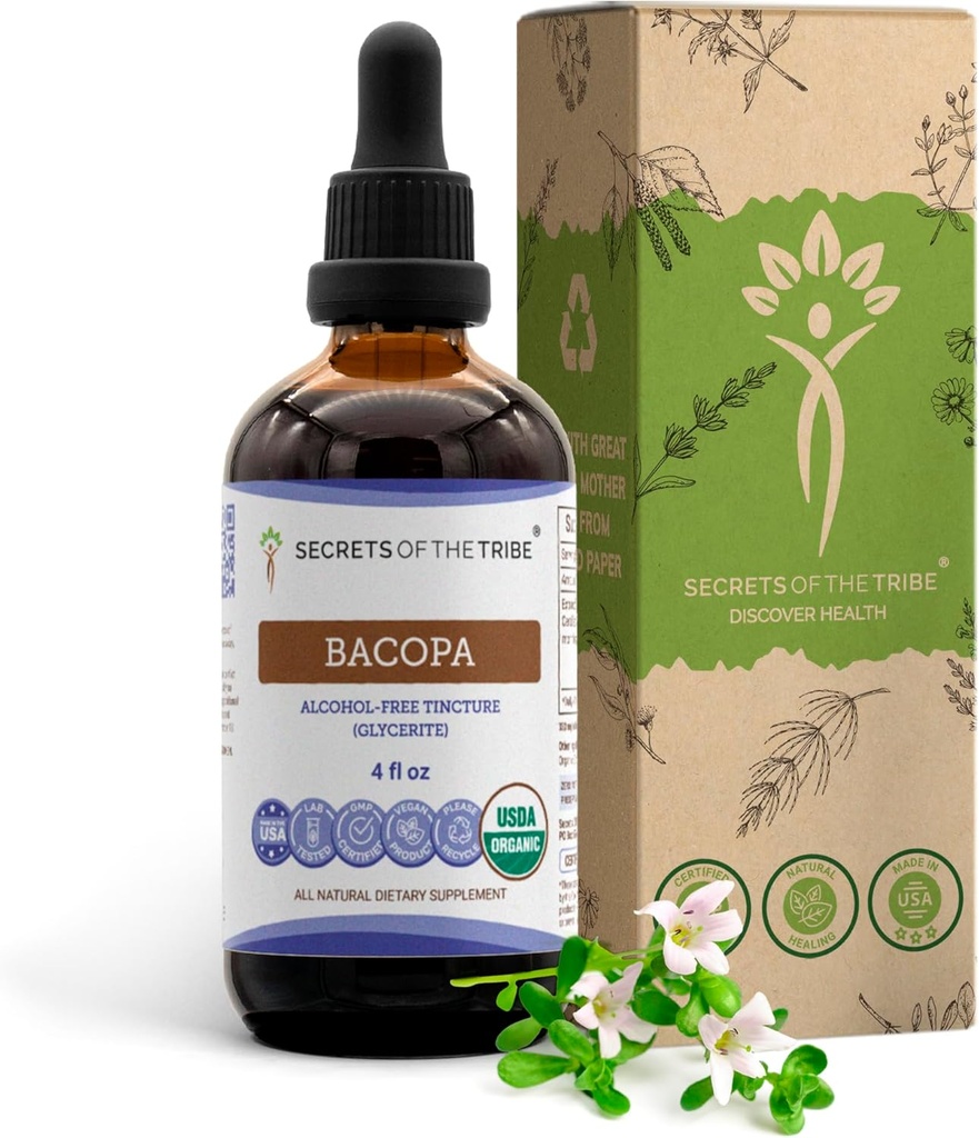 Bacopa USDA Organic | Alkol-FREE Extract, High-Potency Herbal Drops, Relaxation, Pozitif Bilişsel Etkisi | %100 sertifikalı Organik Bacopa (Bacopa Monnieri)