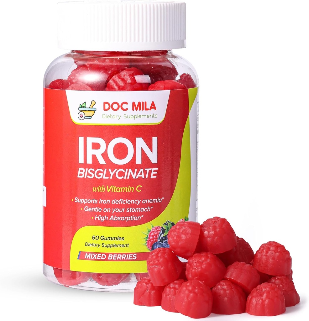 Çocuklar ve Yetişkinler için Iron Bisglycinate Gummies 25mg ile Liposomal VIT C - Chelated Iron Supplement for Women and Men - 60 Gummies, 1 Ay Supply