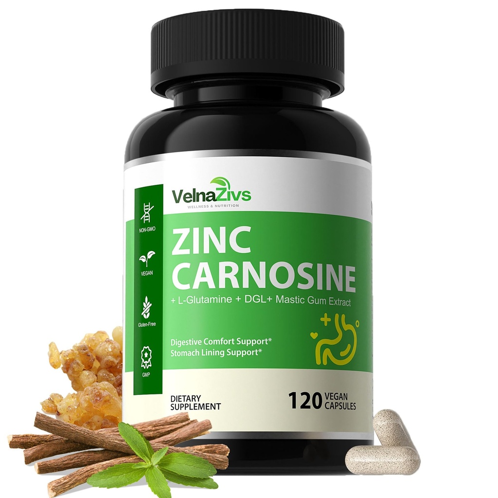 Zinc Carnosine & Mastic Gum Capsules with DGL Licorice – Stomach Support & Gut Lining Supplement – Digestive Comfort for Sensitive Stomach – PepZin GI Complex – 120 Capsules