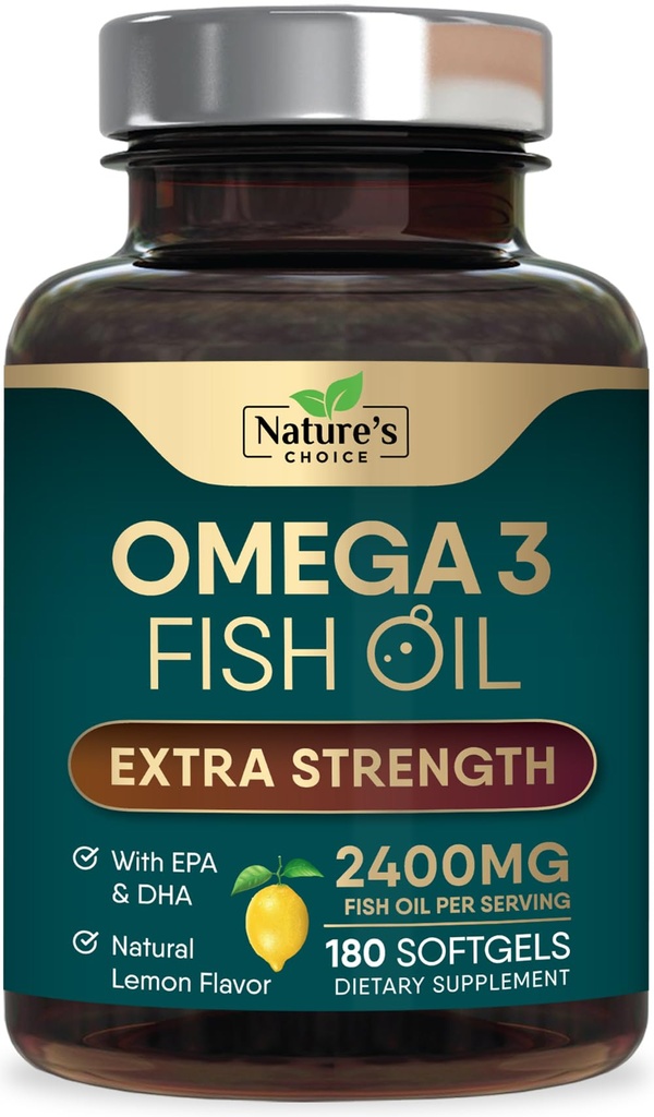 Omega 3 Fish Oil Supplements - 2400mg Fish Oil Per Serving - Triple Strength Omega-3 with Fatty Acids EPA & DHA - Natural Heart, Brain & Immune Support - Wild Caught, Bottled in USA - 180 Softgels