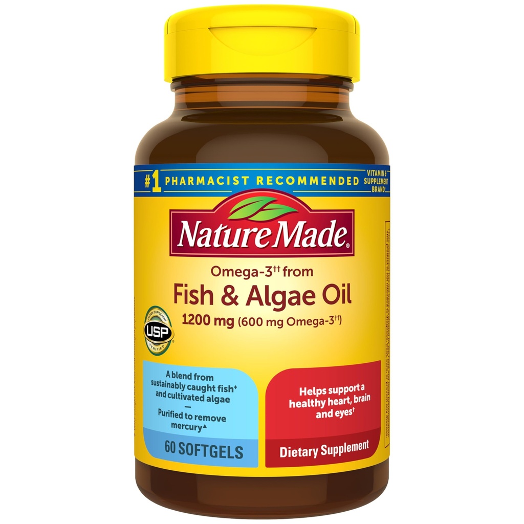 Nature Made Omega 3 Fish Oil and Algae Oil Supplements, 1200mg, Algae Oil & Fish Oil Blend, Omega 3 Supplement for Heart, Brain and Eyes Support, One Per Day, 60 Softgels