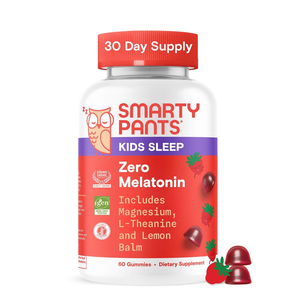 SmartyPants Kids Sleep Gummies Supplement Zero Melatonin: L Theanine, Lemon Balm & Magnesium, Sleep Aid, Strawberry Flavor, 60 Count