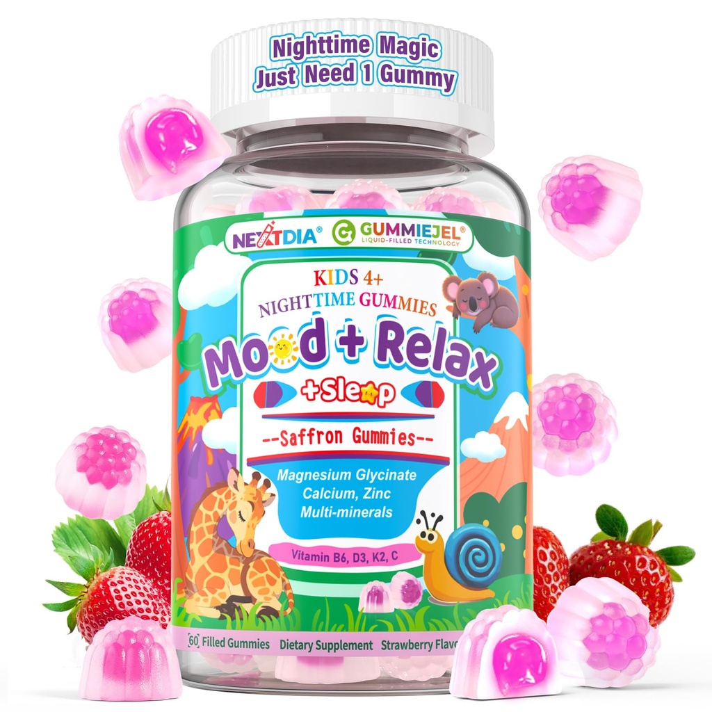 Kids 4+ Magnesium + Saffron Sleep Gummies, Relax Happy Filled Gummy, Bedtime Calcium Zinc, Mineral + Multivitamin Gummies, Melatonin Free | Vitamin D3 K2 | Bone, Only Need 1 Gummy - Sweet Dream Magic