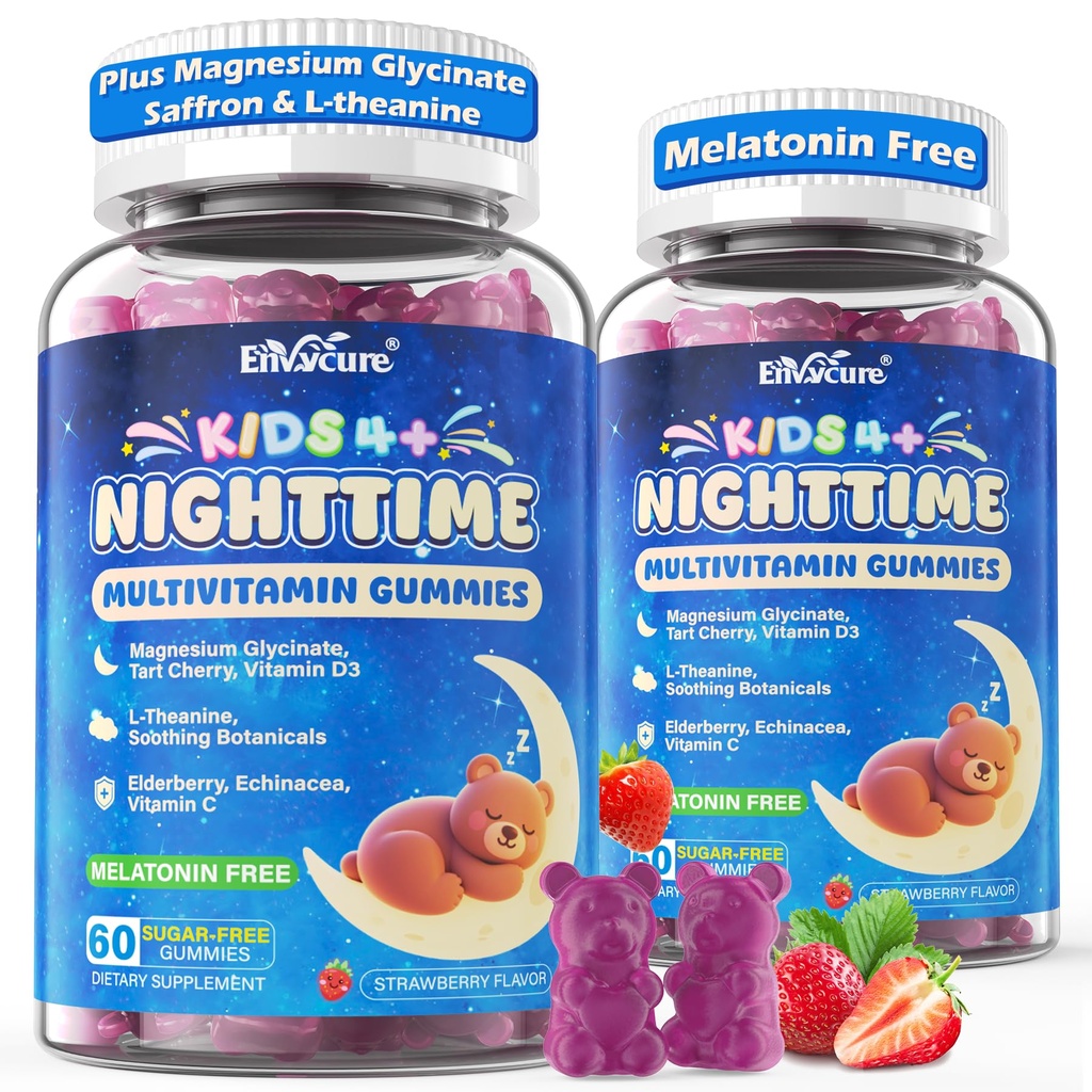 Kids 4+ Nighttime Multivitamin, Melatonin Free Sleep Aid Gummies w/Magnesium Glycinate, Saffron, L-Theanine, Calcium, Inositol, D3+K2, Zinc Supports Calm Mood, Brain, Bone & Immune, Sugar Free, 2 Pack