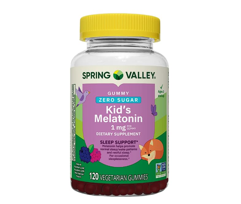 Melatonin for Kids Sleep Support Zero Sugar Spring Valley Dietary Supplement Gummies, Raspberry and BlackBerry, 1 mg, 120 Count + Daily Supplement Tracker Sticker