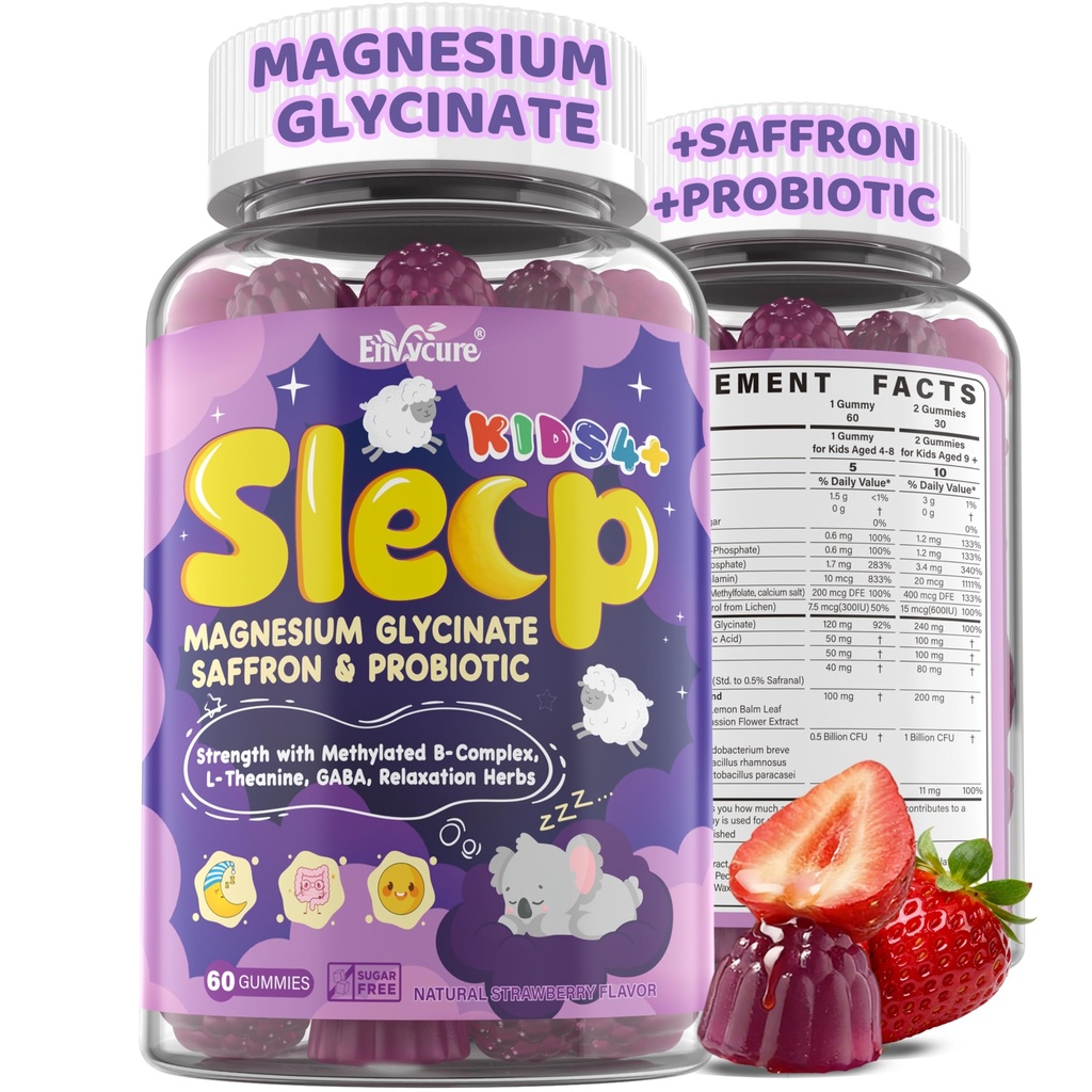 Kids Sleep Gummies - Magnesium Glycinate Saffron for kids w/ Vitamin B6 D3, L-Theanine, GABA, Chamomile, Methylate B12 for Peaceful Sleep, Relax Brain & Muscle, Bedtime Unwind, Melatonin Free,120 Cts