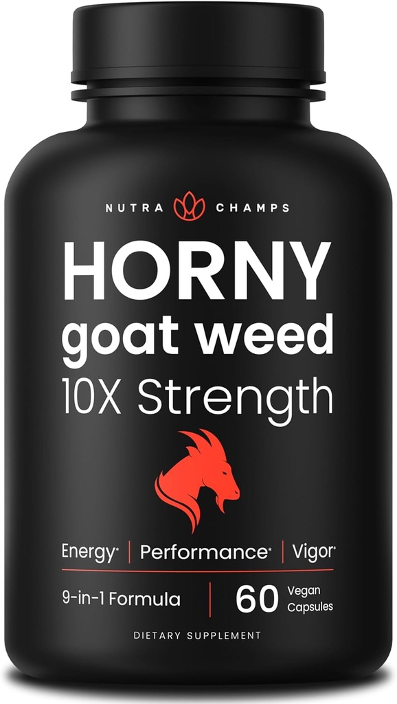 NutraChamps Horny Goat Weed, 1000 mg Epimedium Energy Supplement, 10X Strength Icariin, Ginseng, Tribulus & Maca Pills for Women & Men, Geliştirilmiş Abpsiyon with Black Pepper, 60 Vegan Capsules