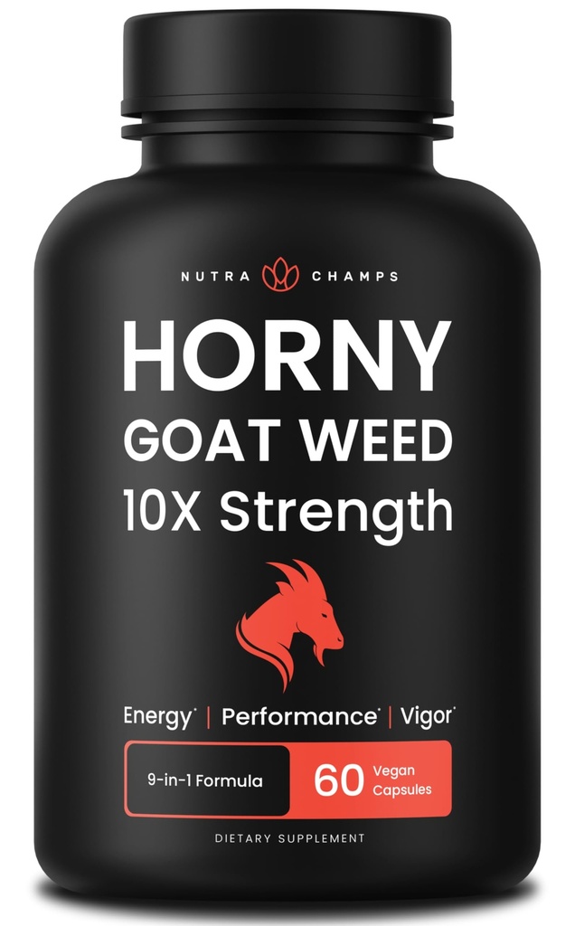 NutraChamps Horny Goat Weed, 1000mg Epimedium Energy Supplement, 10X Δύναμη Ικαρίνη, Ginseng, Tribulus & Maca Χάπια για γυναίκες & άνδρες, Ενισχυμένη Απορρόφηση με Μαύρο Πιπέρι, 60 Vegan Κάψουλες