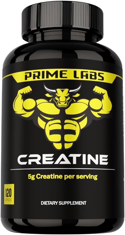 Prime Labs Kretine Monohidrat Capsules - 5g (5000 mg) - Kas Büyüme, Kurtarma, Beyin Fonksiyonu - Erkekler ve Kadınlar için - 120 Kont