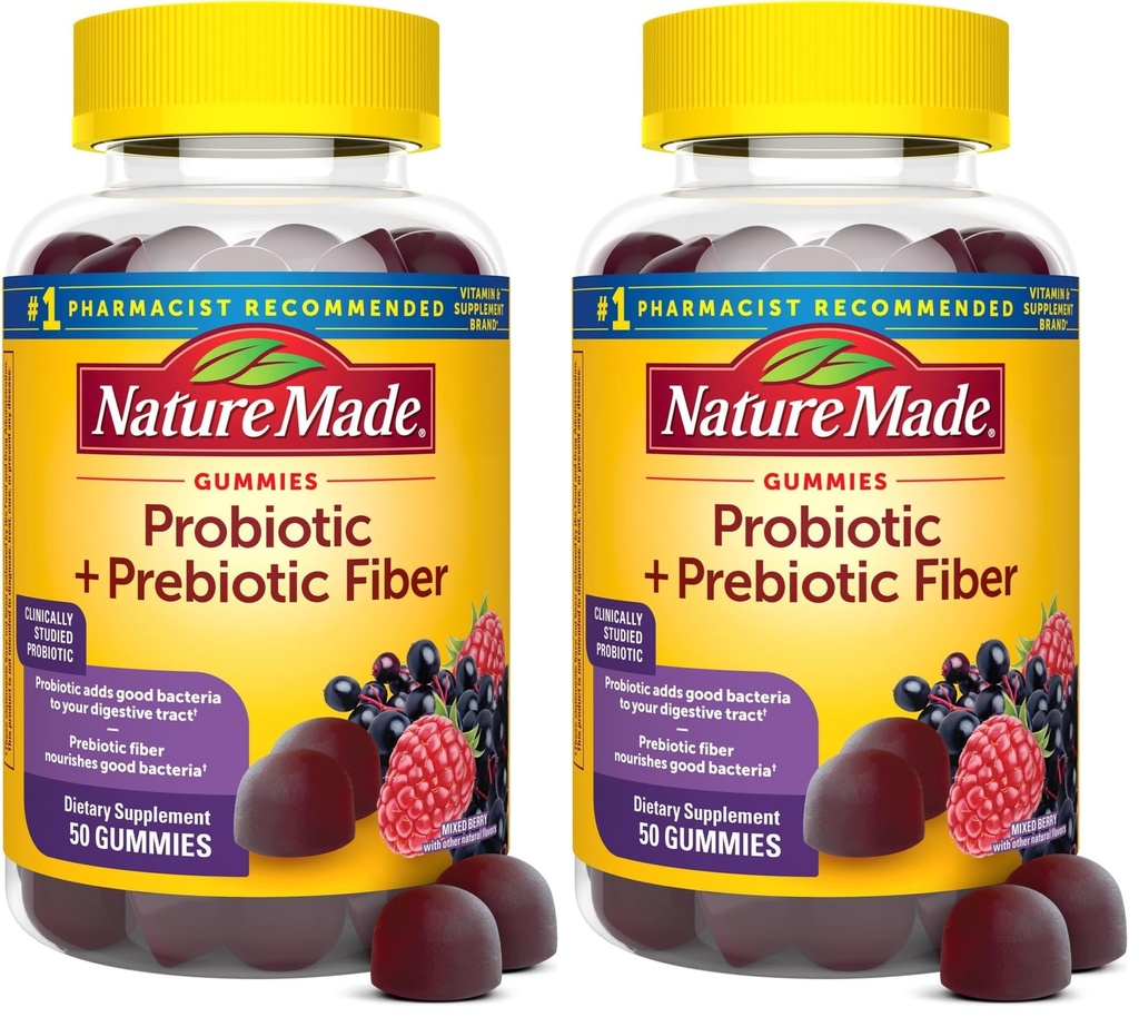 Nature Made Probiotic + Prebiotic Fiber Gummies for Daily Gut Health,Fiber Supplement with Probiotics for Digestive Health Support,50 Gummies,25 Day Supply,(Pack of 2)