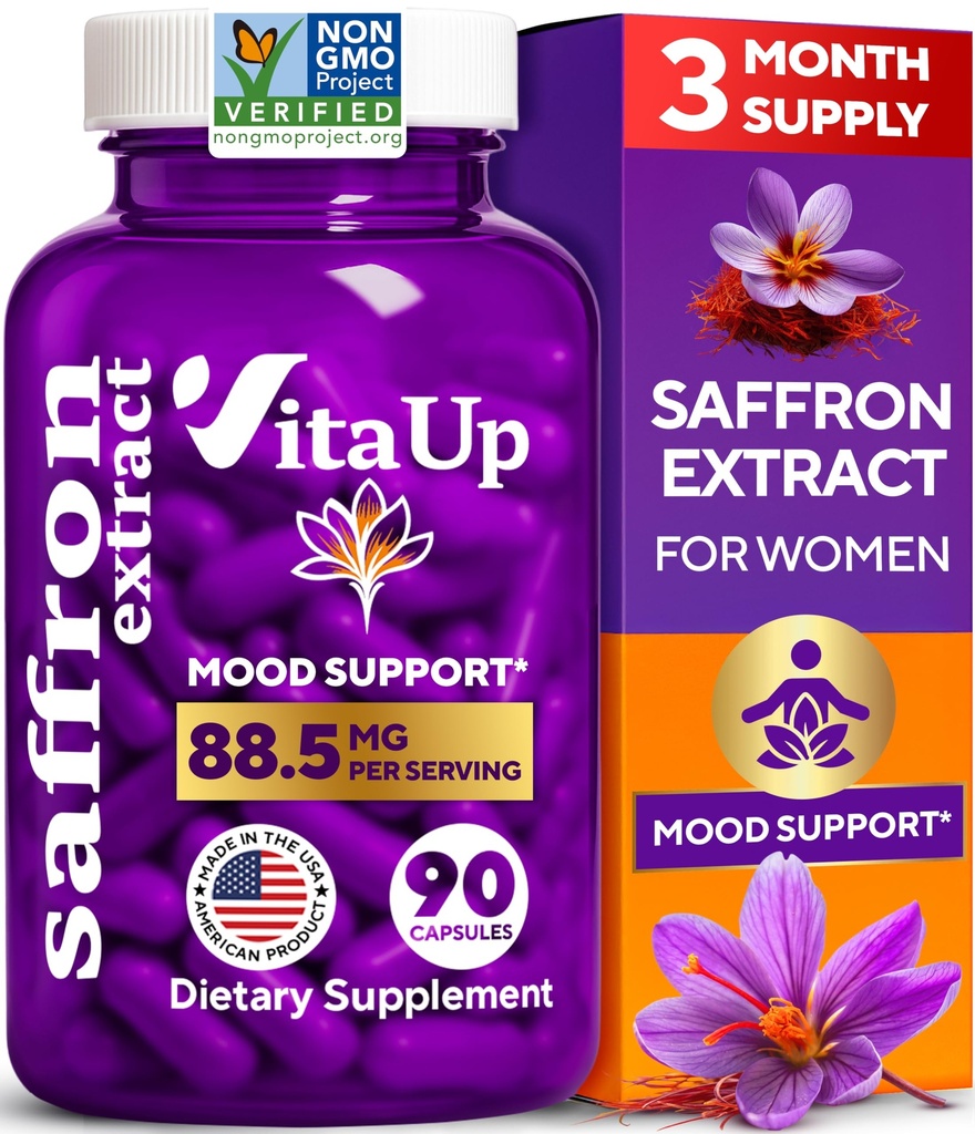 VitaUp Saffron Supplements - USA-Made Saffron Extract Premium Supplement Non-GMO - 88.5mg Crocus Flower for Calm Mood, Energy & Cognitive Support - 90 Vegan Capsules