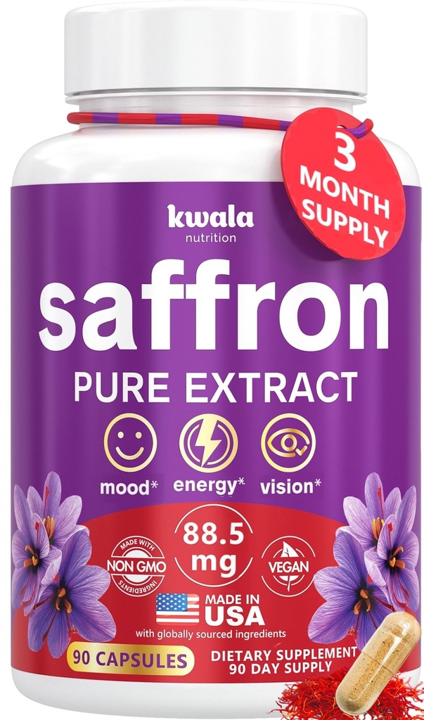 Kwala Nutrition Saffron Supplements for Mood & Focus | 88.5mg Pure Saffron Extract | 3rd Party Tested | Made in USA | 3 Month Supply | 90 Capsules