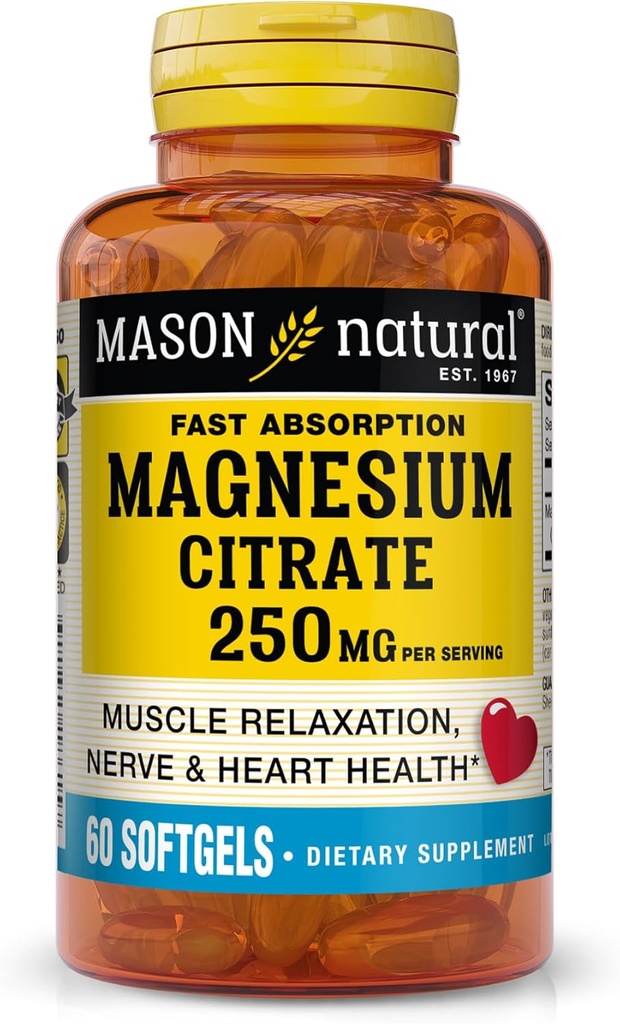 Mason Natural Magnezyum Citrate 250 mg, Hızlı Apsiyon Softgels, 30 Gün Supply