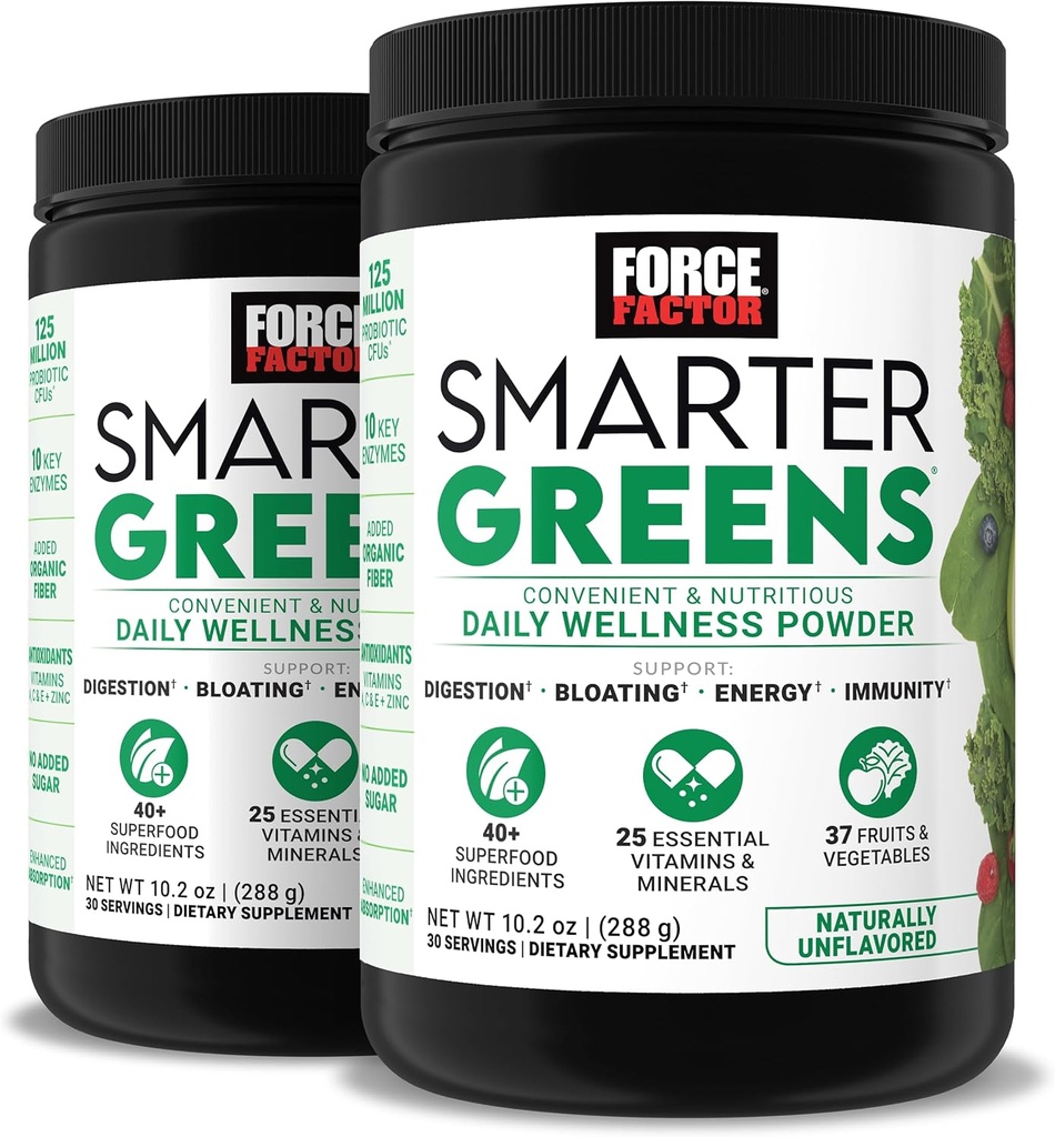 Force Factor Smarter Greens Daily Wellness Toz 2Pack Enerjiyi Desteklemek için, Immunity & Digestion, Superfood Greens Toz Vitamins, Minerals & Probiyotiks, Unflavored, 60 Hizmetler