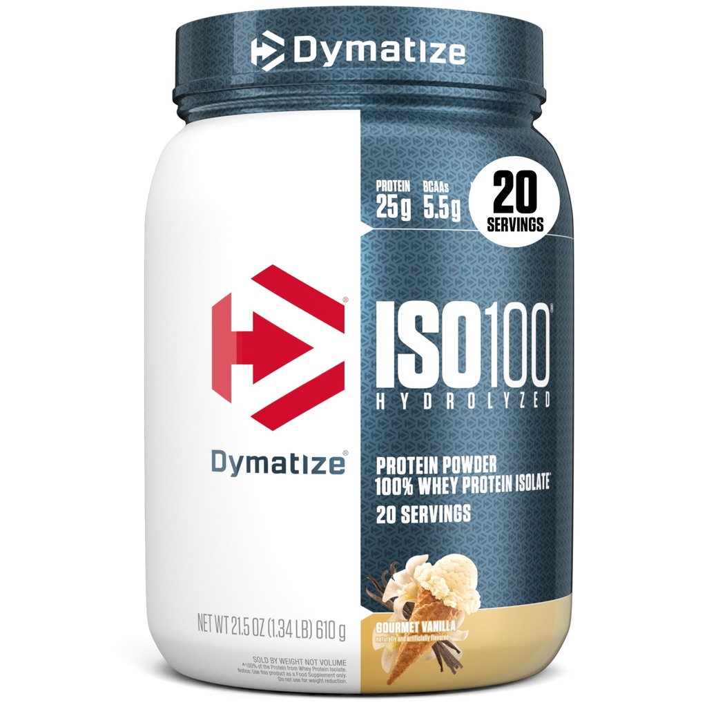 Dymatize ISO100 Whey Protein Powder Isolate, Gourmet Vanilla, 25g πρωτεΐνης, 5.5g BCAAs, λιγότερο από 120 Cal., Χωρίς γλουτένη, 1g λίπος, 1g ζάχαρη, 2g υδατανθράκων (20 υπηρεσίες)
