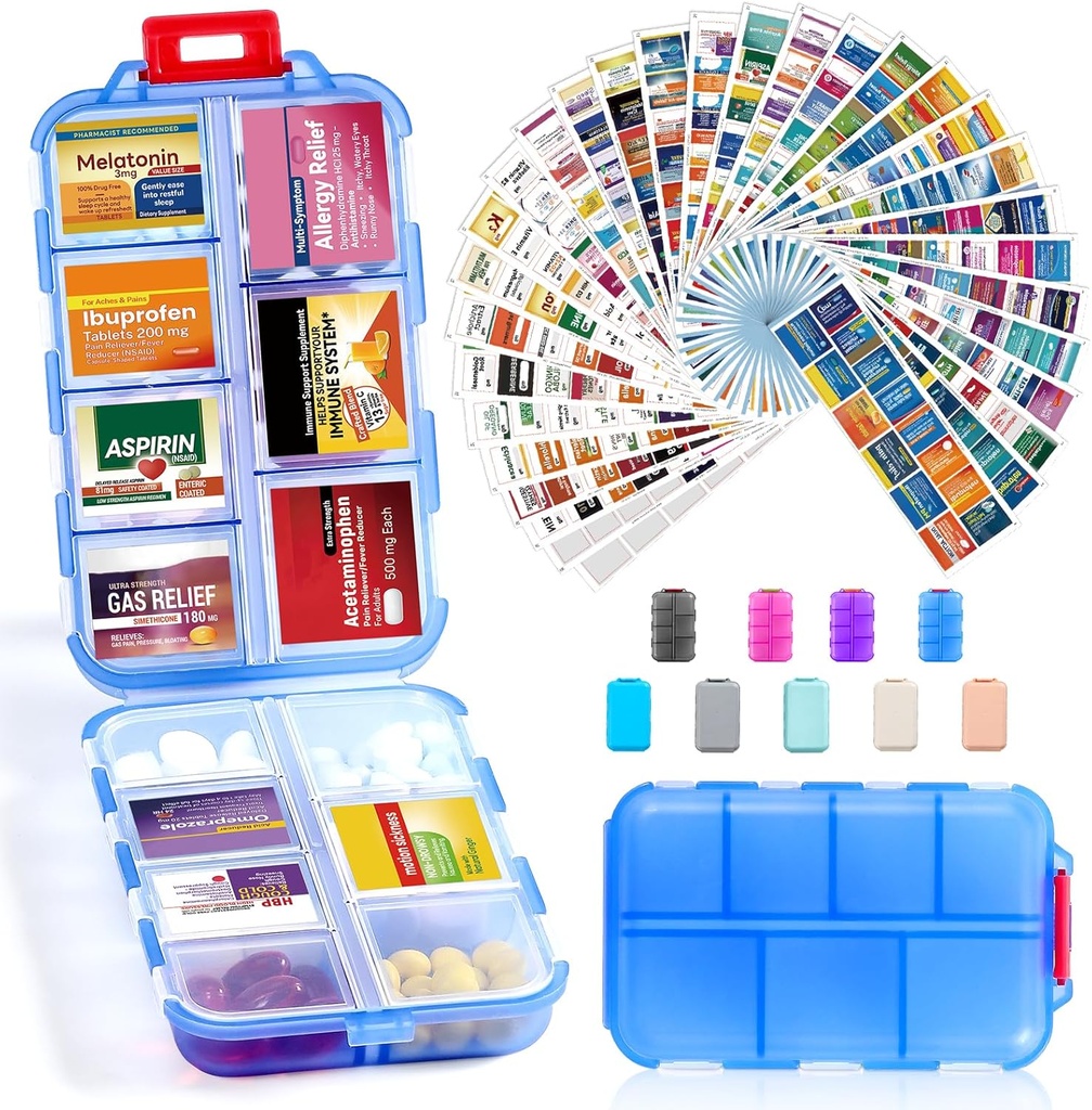 14 Grids Travel Pill Organizer Box με 415-Pcs Medicine Name Labels - Pocket Daily Pharmacy Case Container Kit - Travel Medication Holder Dispenser for Fish Oil Vitamin Supplement Storage - Clear Blue