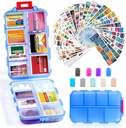 14 Grids Travel Pill Organizer Box with 415-Pcs Medicine Name Labels - Pocket Daily Pharmacy Case Container Kit - Travel Medication Holder Dispenser for Fish Oil Vitamin Supplement Storage -Clear Blue