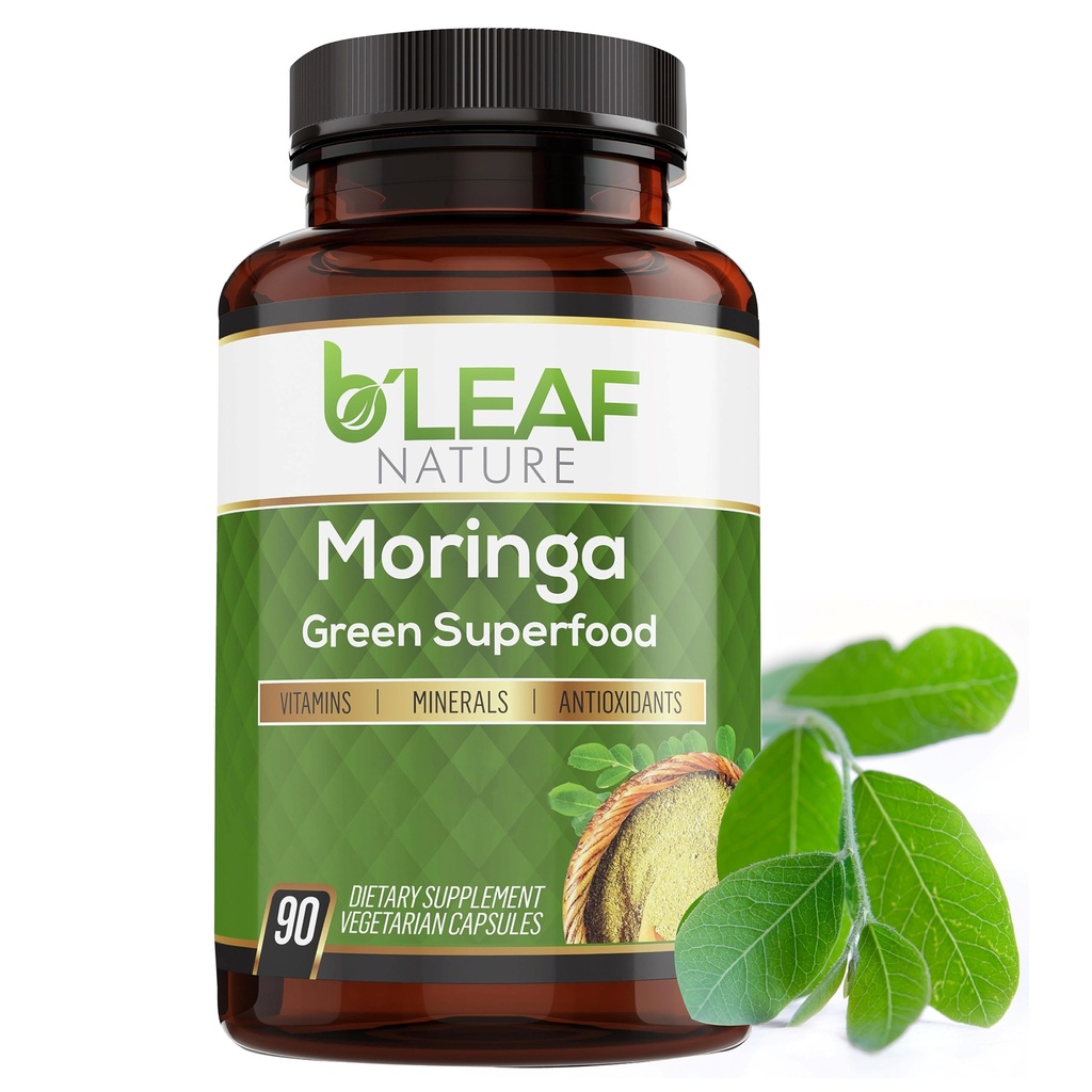 B'LEAF N Vitamin Organik Moringa Capsules 1000 mg, 90 Kont - Moringa Capsules with Organic Olefeira Toz for Immune Support, Energy & Balance - Vegan, Non-GMO Supplements for Daily Wellness