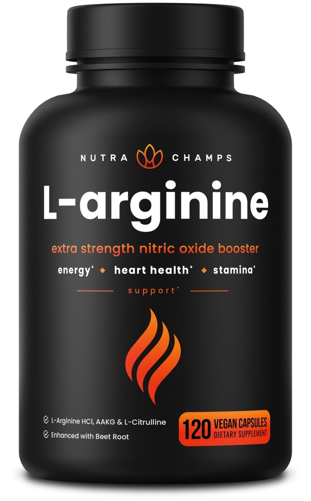 NutraChamps L-Arginine Supplement 1000 mg + L-Citrulline 250 mg & Beet Root – Nitrik Oksit Kalp Sağlığı, Enerji ve Stamina – Ekstra Güçlü nüans - 120 Vegan Capsules