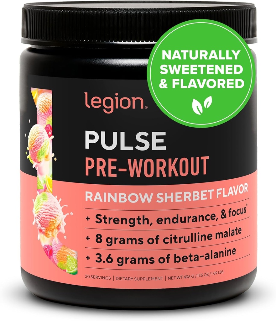 LEGION Pulse Pre Workout - All Natural Nitrik Oksit Preworkout Drink to Boost Energy, Kretine Free, Natural Sweetized, Beta Alanine, Citrulline, Alpha GPC (Rainbow Sherbet)