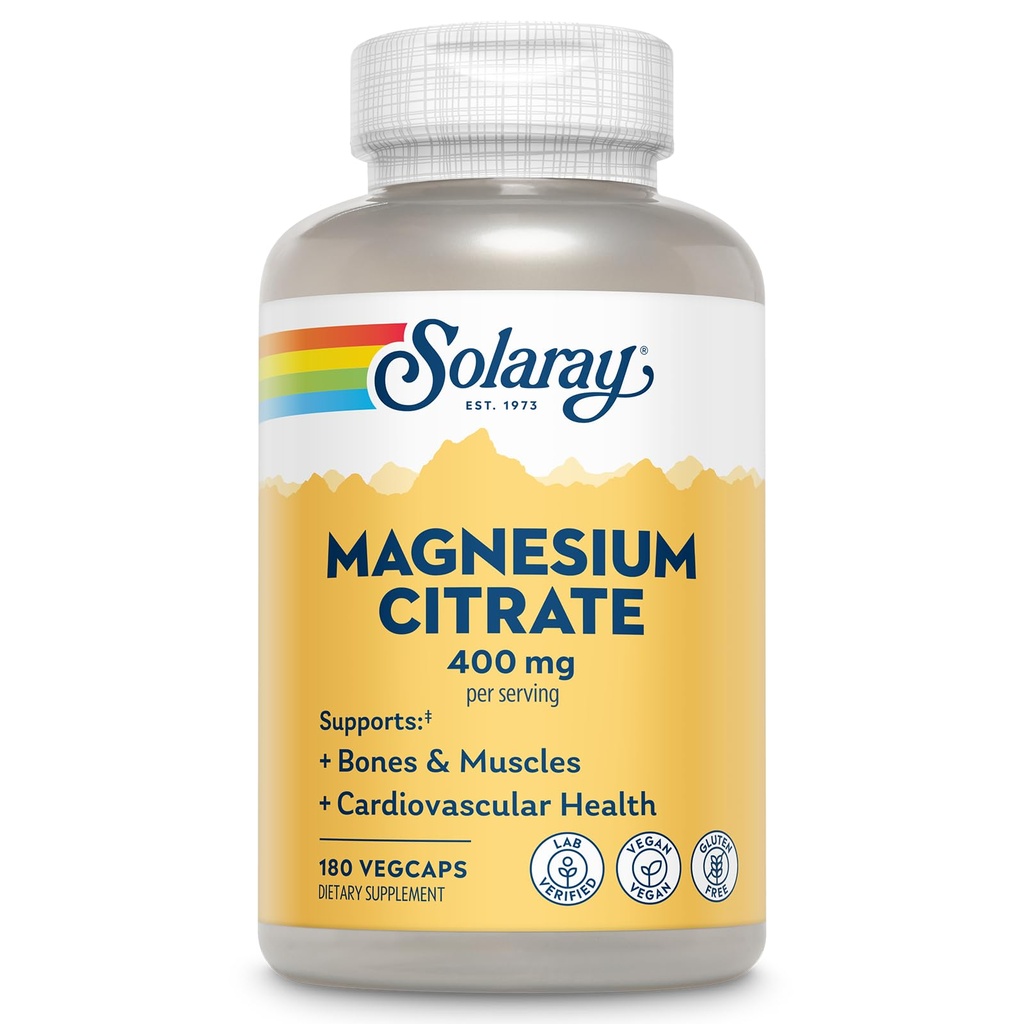 SOLARAY Magnesium Citrate 400mg - Magnesium Supplement - Bone Health, Muscle, Relaxation and Heart Health Support - Vegan, Gluten Free - 60 Servings, 180 VegCaps