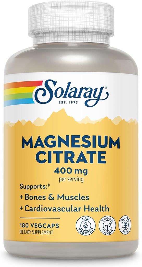 SOLARAY Magnezyum Citrate 400 mg - Supplement Magnezyum - Bone Health, Muscle, Relaxation and Heart Health Support - Geliştirilmiş Abors, Vegan, Gluten Free, 60-Day Garanti, 60 Hizmet, 180 VegCaps