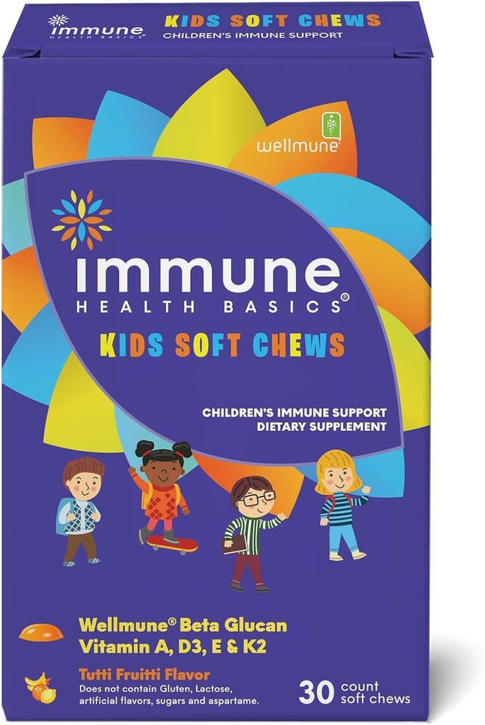 Çocuklar Wellmune® ile Yumuşak Chews | Natural Beta Glucan Supplement for Immune Support & Daily Wellness | Allergen-Free & No add Sugar | Tutti-Frutti Flavor, 30 Soft Chews