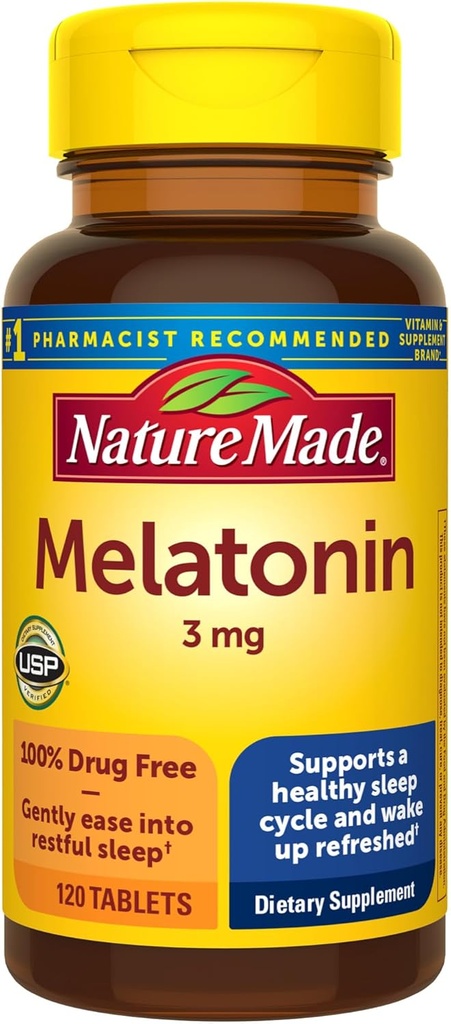 Nature Made Melatonin 3 mg Sleep Aids for Yetişkinler, 100% Drug Free Sleep Aid, Sleep Supplements, 120 Tablet, 120 Gün Supply
